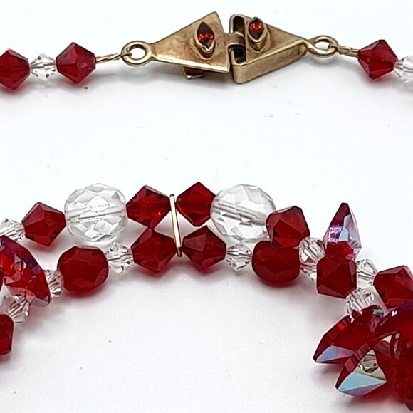 Vintage Red Clear Crystal Necklace Bracelet Set, Artisan Gemstone Clasps - Picture 7 of 9